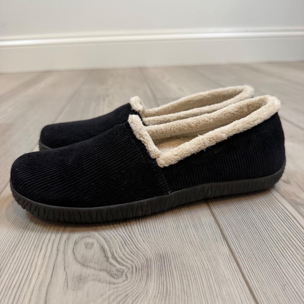 NEW Orthaheel Geneva Black Corduroy Slippers 6 Orthotic Support Faux Fur Lining